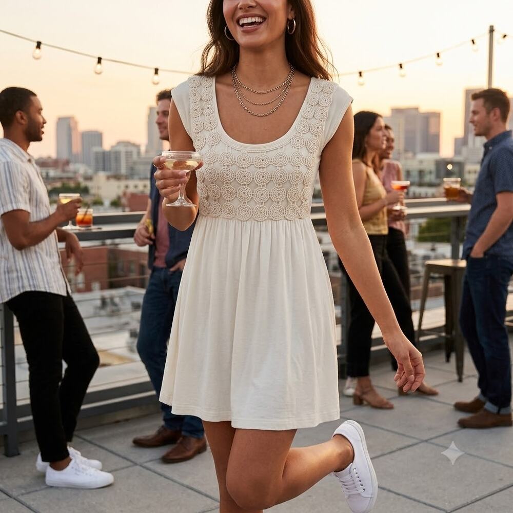 Moa Moa Pleated Tank Tie Back Top Flower Front Sleeveless Scoop Neck Ivory SMALL